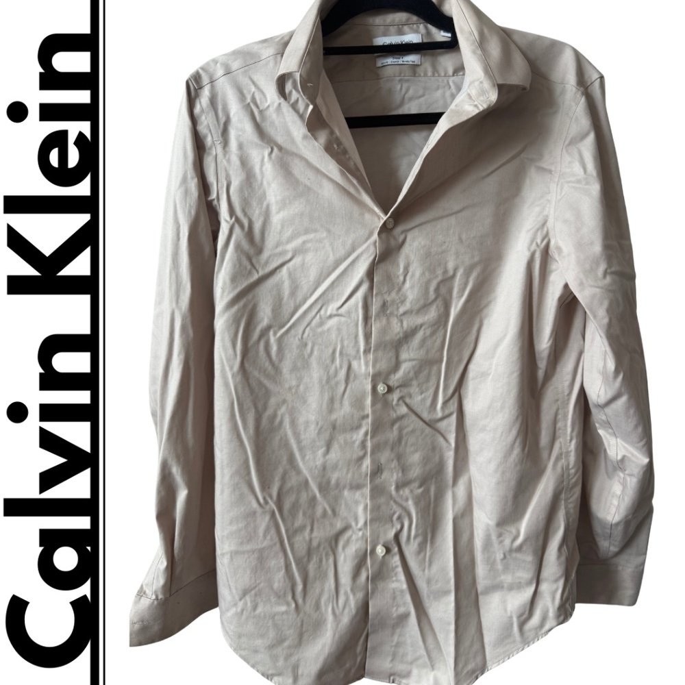 Calvin Klein: Beige Dress Shirt, Slim + Stretch Fit, Size 15 (M).